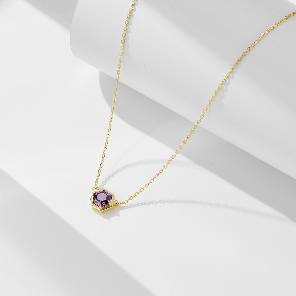 Sterling Sier Hexagonal Amethyst Zircon Pendant Necklace Light Ins Minimalist Geometric Colorful Gemstone Clavicle Chain Jewelry for Women