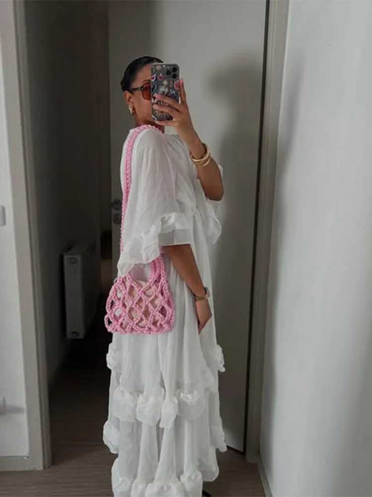 Solid Patchwork Ruffle Hem Loose Dress Chic V-neck Half Sleeve High Waist Long Dresses 2025 Fe Summer Daily Comte Gowns XJ250814