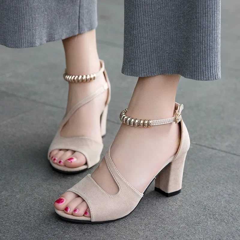 Summer Women Fish Mouth Style High-Heeled Shoes Size 43 Solid Color Fashion Beaded One-line Buckle All-match Low Top Sandals W250814