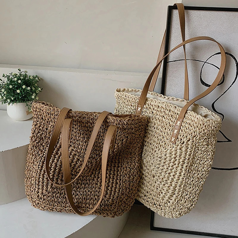 Handmade Woven Straw Beach Bag Large Capacity Shoulder Bag Women Raffia Travel Shopper Summer Vacation Casual Handbags250813