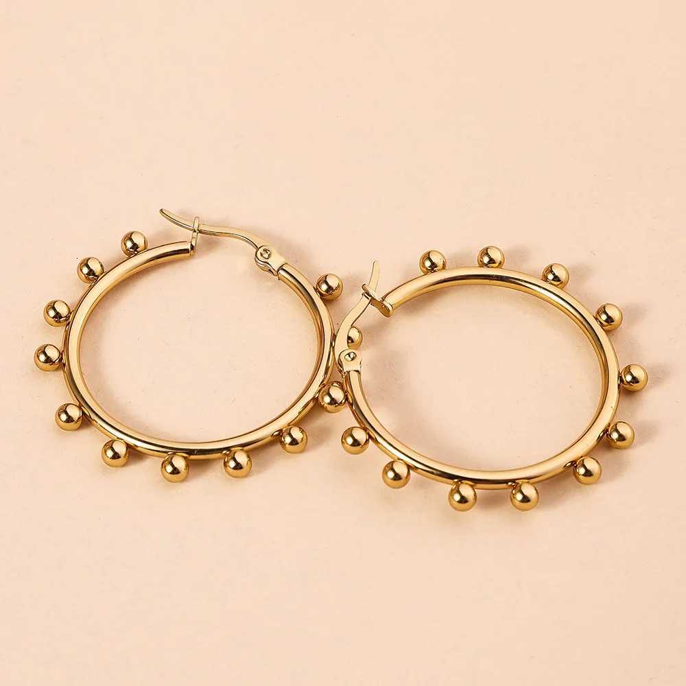Womens Geometric Round Steel Ball Stainless Steel Hoop Earrings Electroplated Gold Color Non Fading Earrings XJ250814
