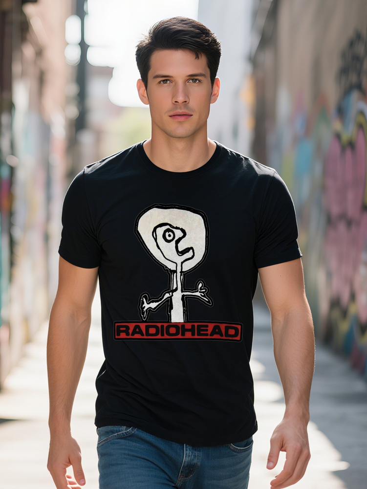 Radiohead Graphic Black T-Shirt Funny Vintage Inspired Design with Abstract Character RADIOHEAD Print Casual Crew