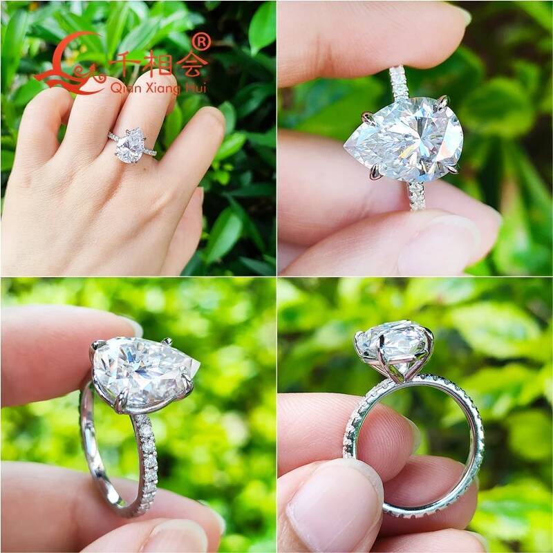 6ct Pear Shape Full D VVS White Melee Moissanite Eternity Band Ring 10x14mm 925 Sterling Silver Engagement Ring for Ladies