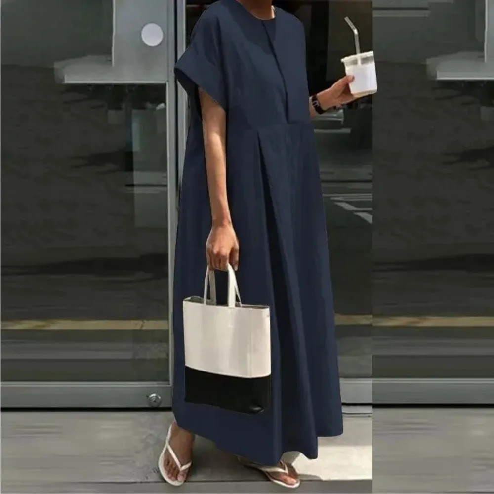 Large Size Womens L-5XL Plus Size Loose Cotton Dress Round Neck Solid Color Long Dress College Style Short Sleeved Loose Casual 250813