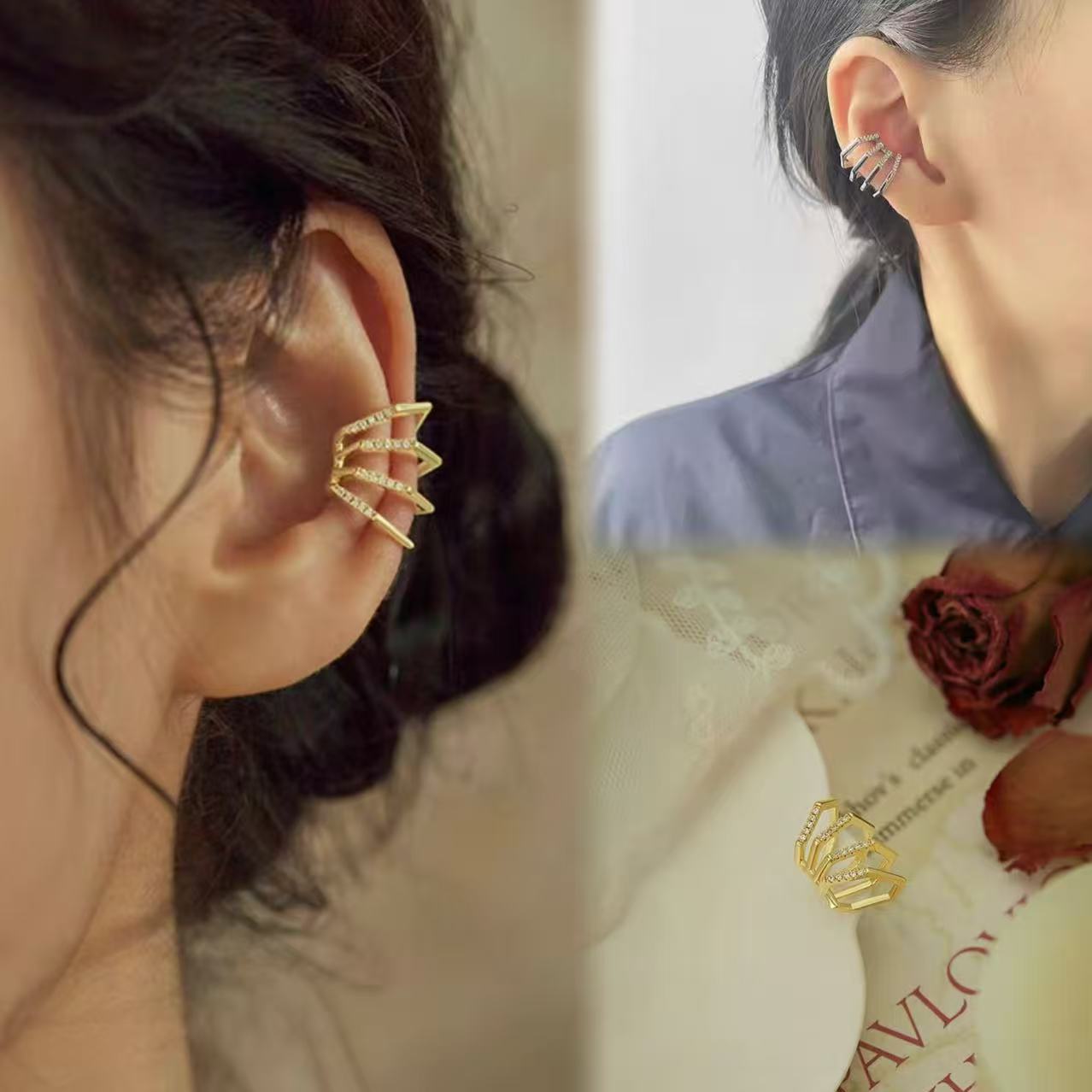 Sparkling Diamond Crown - Shaped Ear Cuffs, Light Luxury High - End Earrings for Non - Pierced Ears ver fade