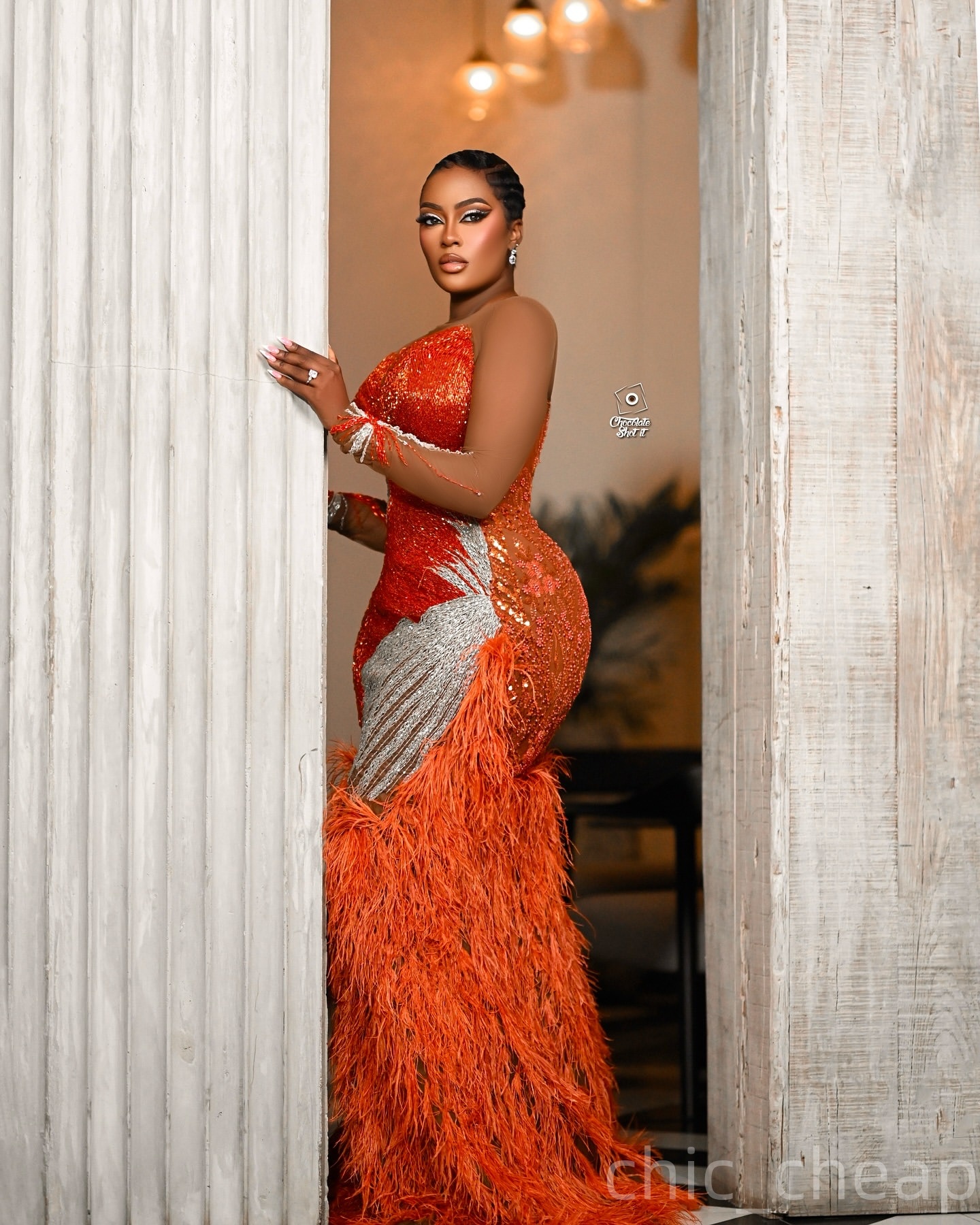 Mermaid Burnt Orange Prom Dresses 2025 Illusion Beaded Feather Evening Formal Party Second Birthday Engagement Gowns Plus Size Dress For Special Occas
