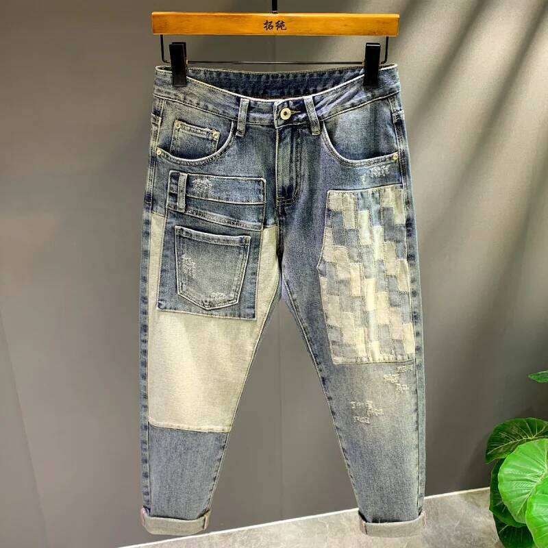 High end retro 2025 new patchwork motorcycle jeans men's fashion Korean version slim fit small straight leg pants