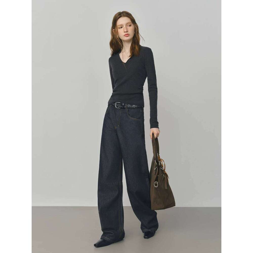 FSLE Design Relaxed High Waist Women's 2025 Autumn New Arrival Slashed Jeans Trousers 25FS13105