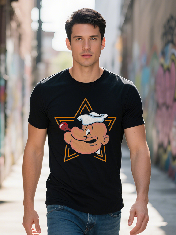 Comfortable Men's Casual Crew Neck T-Shirt with Popeye Flexing Arm Print Black Graphic Tee Soft Fabric Perfect