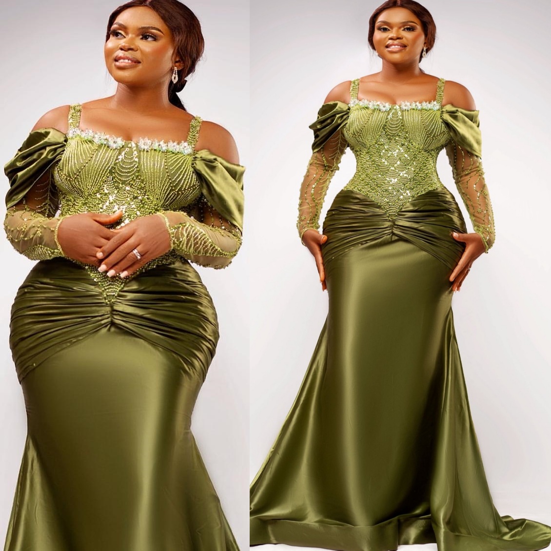 Olive Green Mermaid Prom Dresses 2025 Sequined Satin Spaghetti Evening Formal Party Second Birthday Engagement Gowns Plus Size Dress For Special Occas