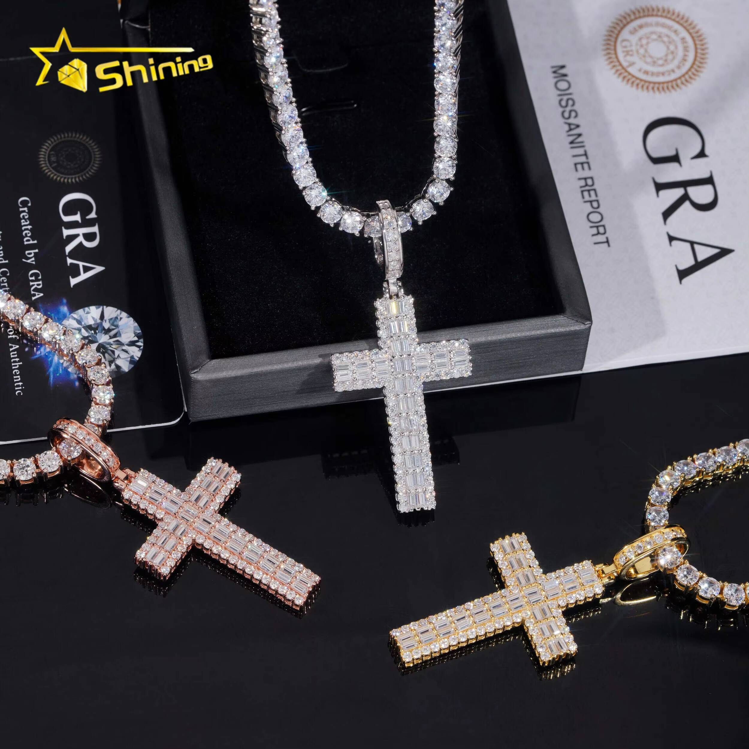 High-end Luxury Baguette Diamond 925 Silver Cross Mens Iced Out Hip Hop Moissanite Pendant for Tennis Chain