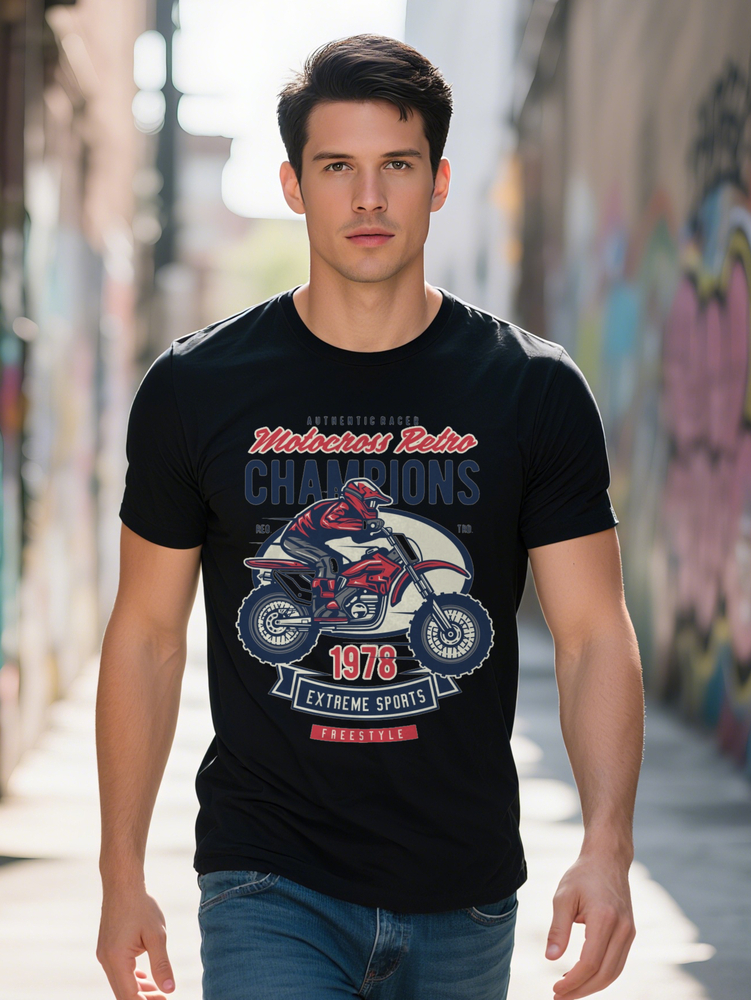 Men s Black Casual T Shirt with Red Off Road Graphic Print Vintage Design Round Neck Summer Tee Gift for