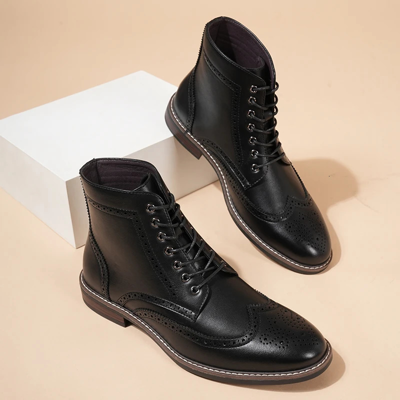 British Style Mens Brogue High Toe Shoes Vintage Leather Chelsea Boots Lace Up Autumn Winter Work Shoes Ankle Boots Men 250811