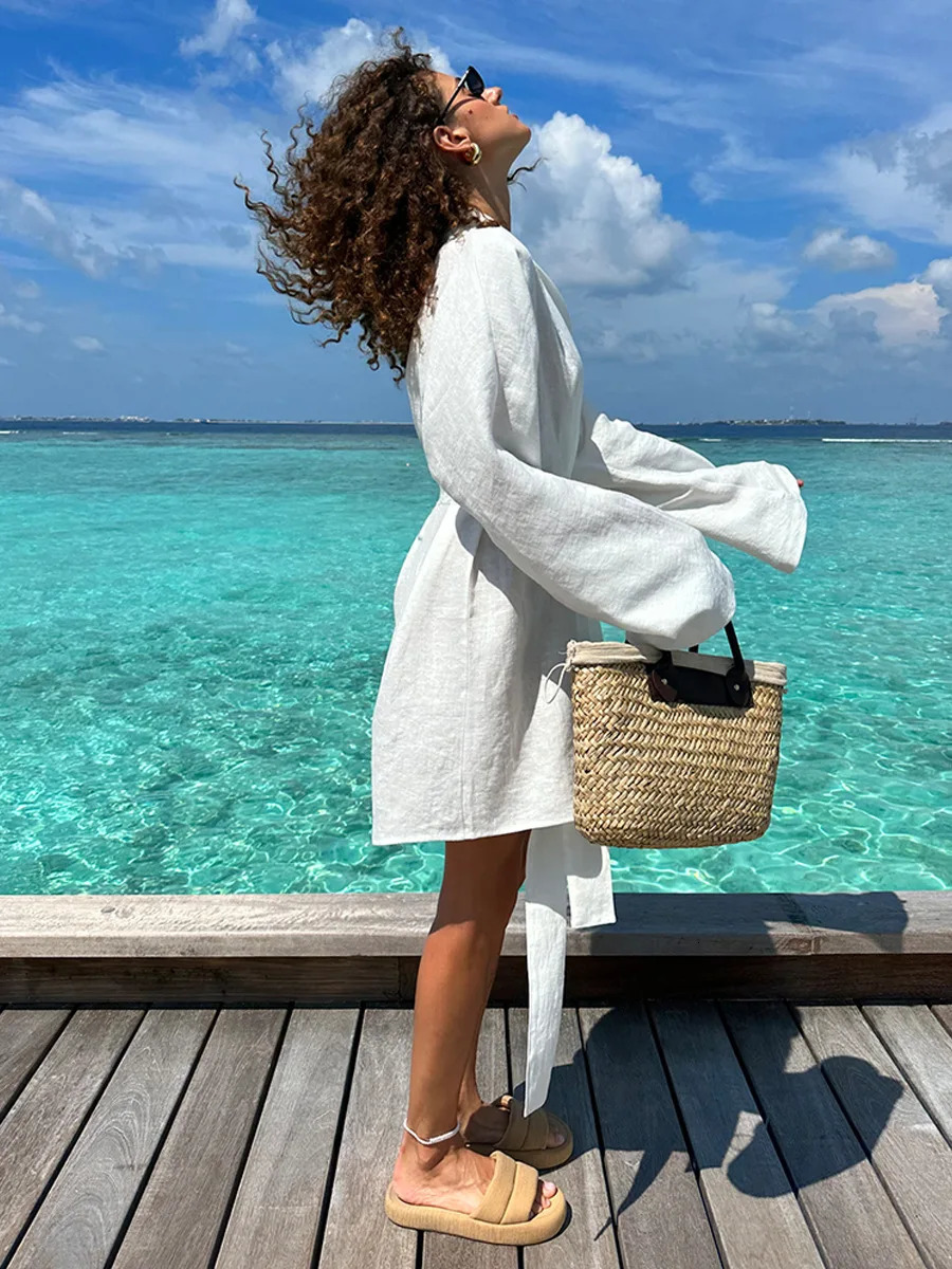 Bornladies Cotton And Linen Robe Dress 2025 Autumn Winter Womens Lace Long Sleeve Dress Casual And Comfortable Beach Dress 250813