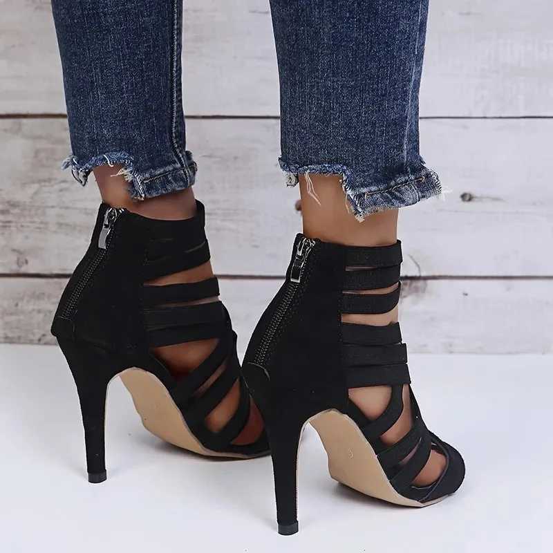 Sexy Peep Toe Elastic Band Cross Women High Heels Sandals Summer New Back Zipper Cover Heeled Gladiator Black Pumps W250814