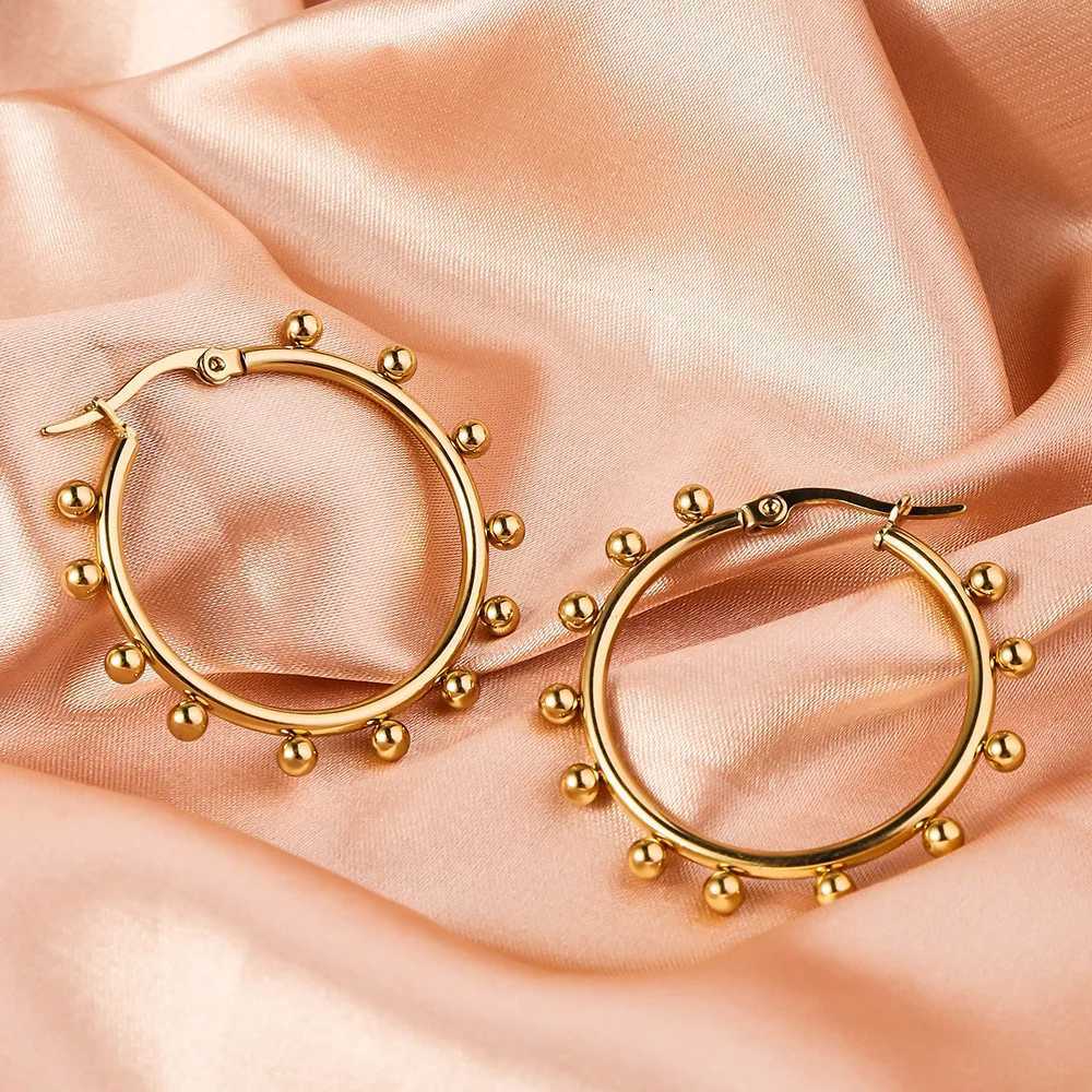 Womens Geometric Round Steel Ball Stainless Steel Hoop Earrings Electroplated Gold Color Non Fading Earrings XJ250814