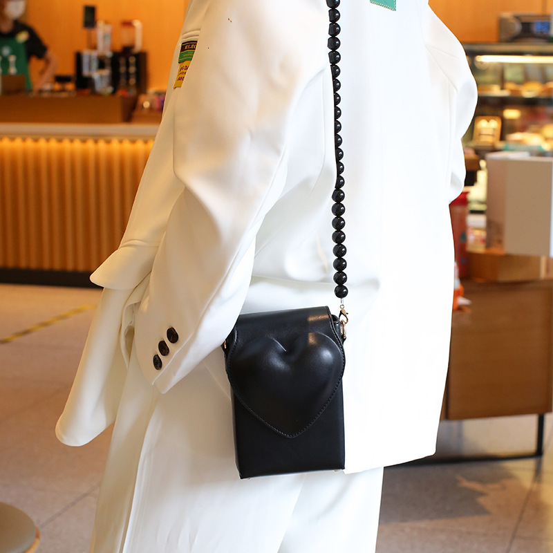 Korean Style Textured Single Shoulder Crossbody Black Peach Heart Phone Simple Versatile Beaded Small Square Bag for Women