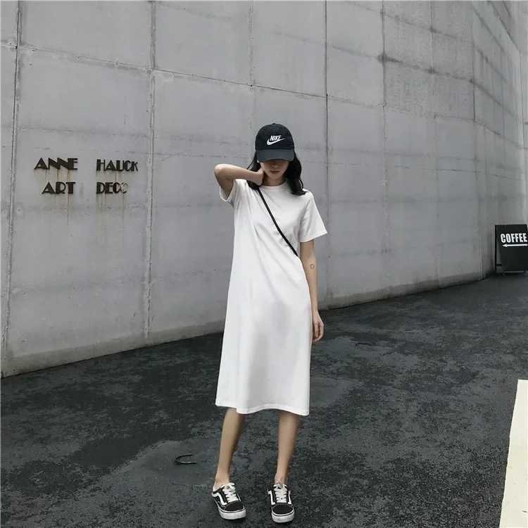 Long T-Shirt Dress Summer Korean Style Womens Mid-Length Short-Sleeve Round Neck Straight Tube Over-Knee Body-Con Dress XJ250814