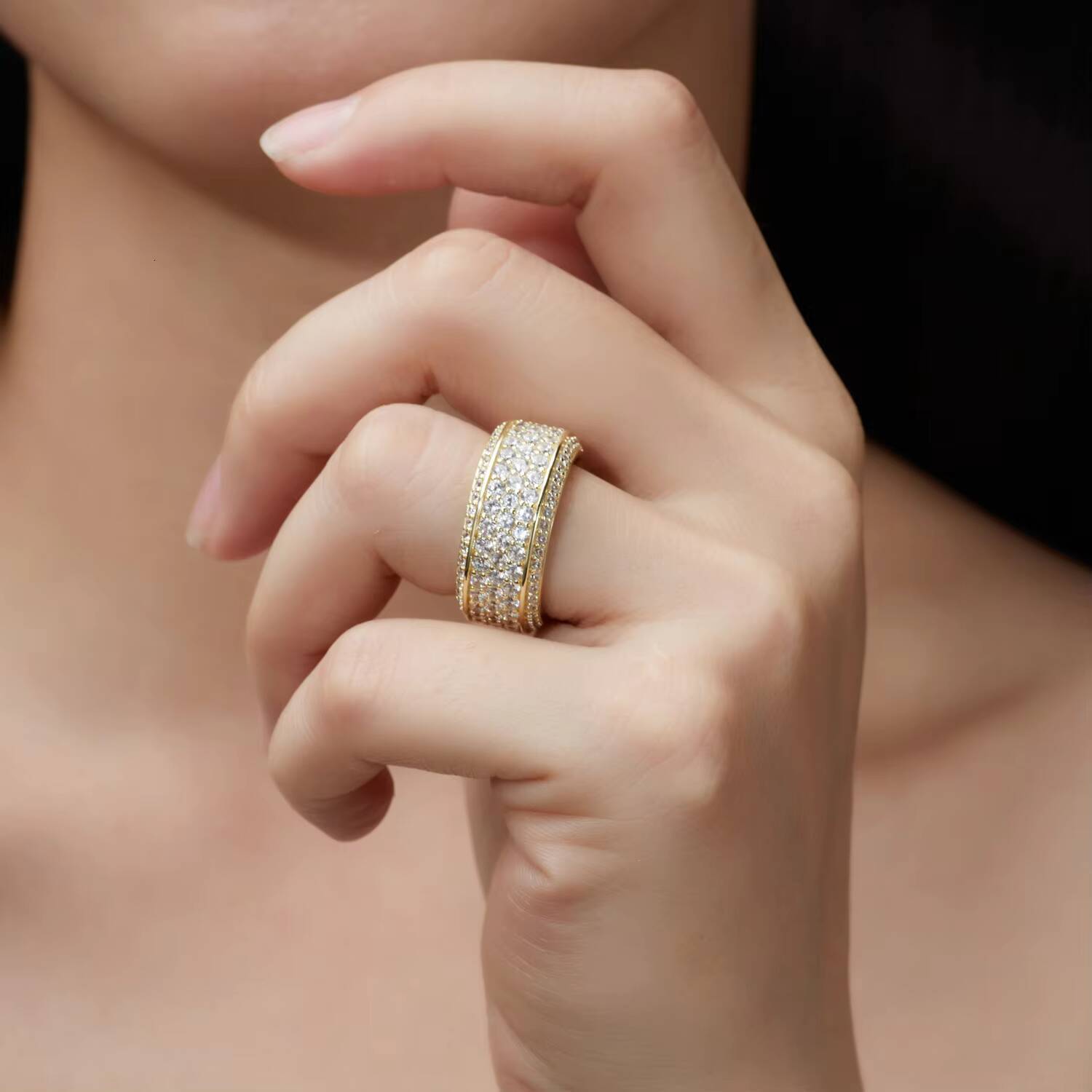 Factory Direct Moissanite S Sier Gold Plated Iced Out Multi Row Design Hip Hop Jewelry Ring