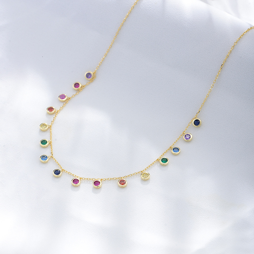 S Pure Sier Colorful Round Zircon Necklace for Women, Rainbow Pendant Clavicle Chain Jewelry for Women