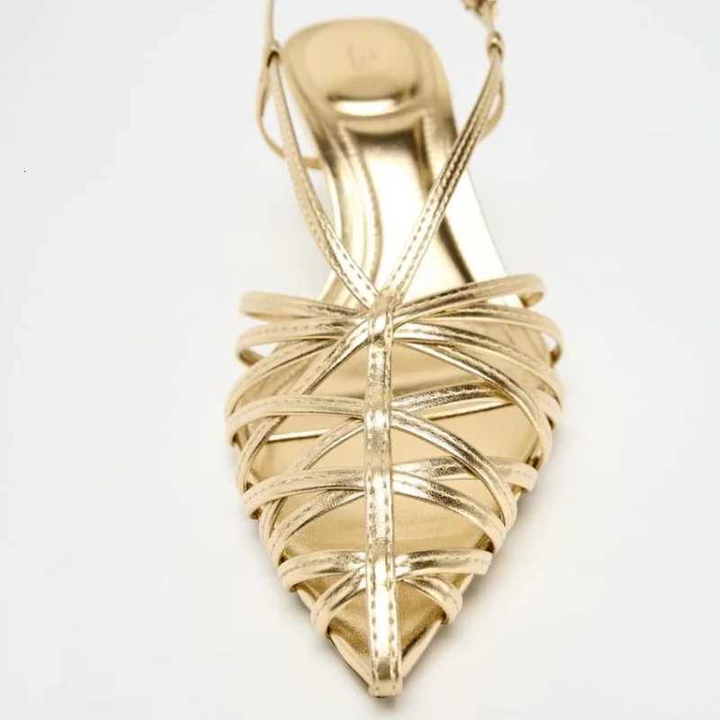 Luxury Gold Brand Heels Women Fashion Narrow Strap Hollow Thin High Heel Summer Sandals Sexy Pointed Toe Slingbacks Dress Shoes W250814