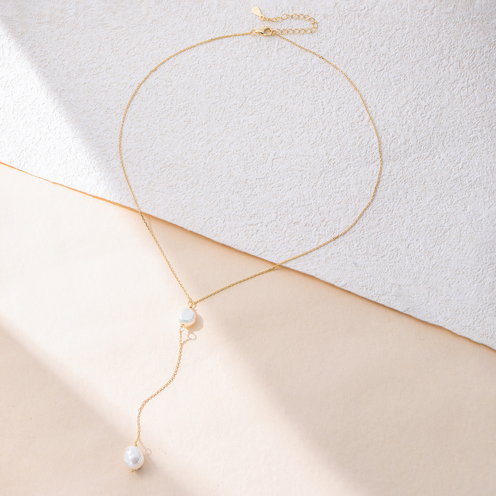 S Pure Sier Y-shaped Natural Pearl Women's Collarbone Necklace Light Ins Simple Versatile Tassel Sweater Chain Jewelry for Women