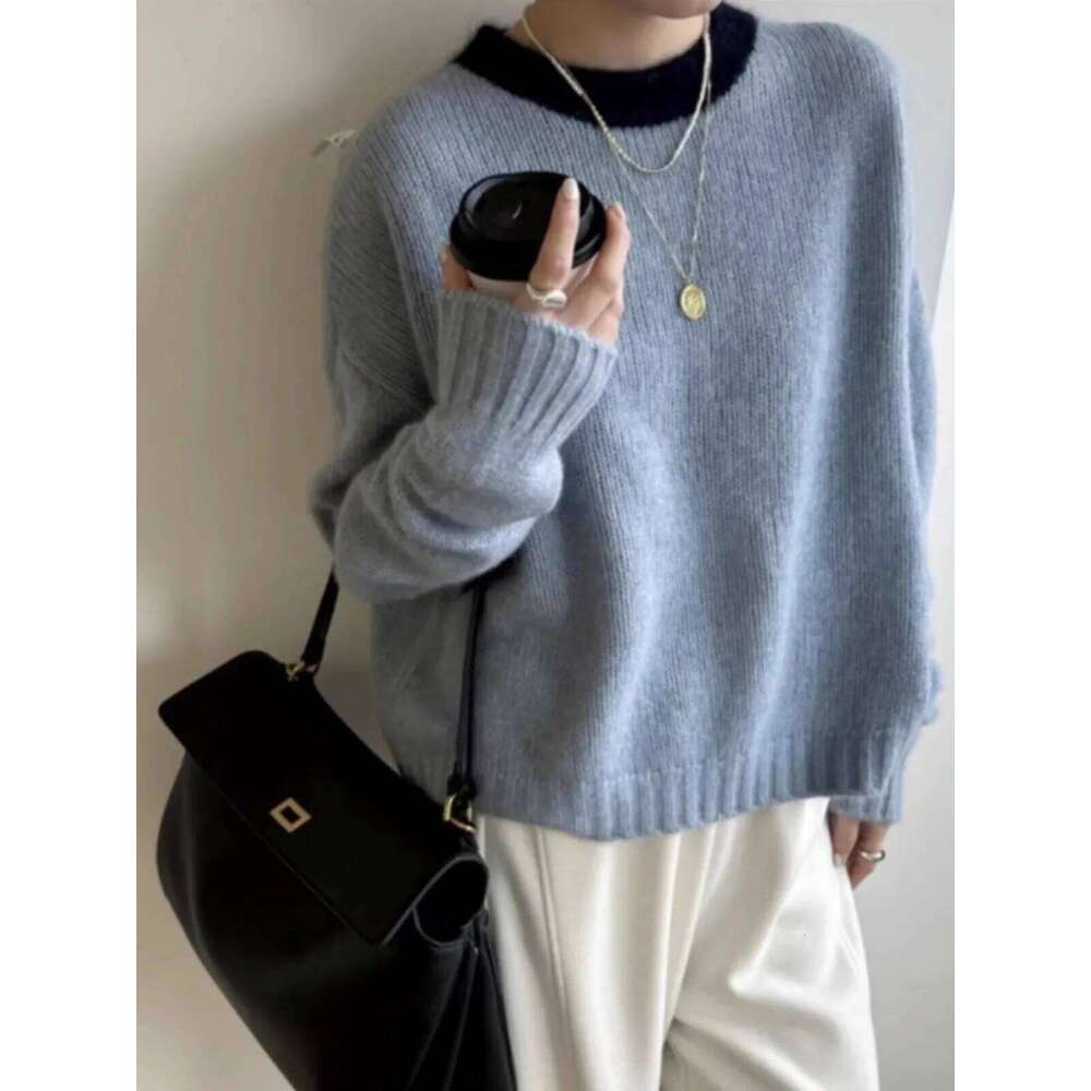 Matching Color Round Neck Pure Cashmere Women's Autumn And Winter Loose Thickened Knitted Wool Base Short Sweater 20250809