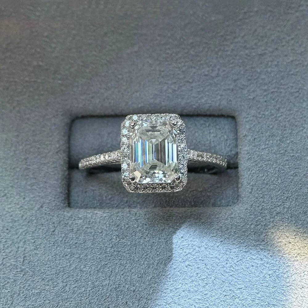 1/2CT Emerald Cut Moissanite Engagement Ring for Women 925 Silver D Color Halo Diamond Rings Wedding Band with Certificates