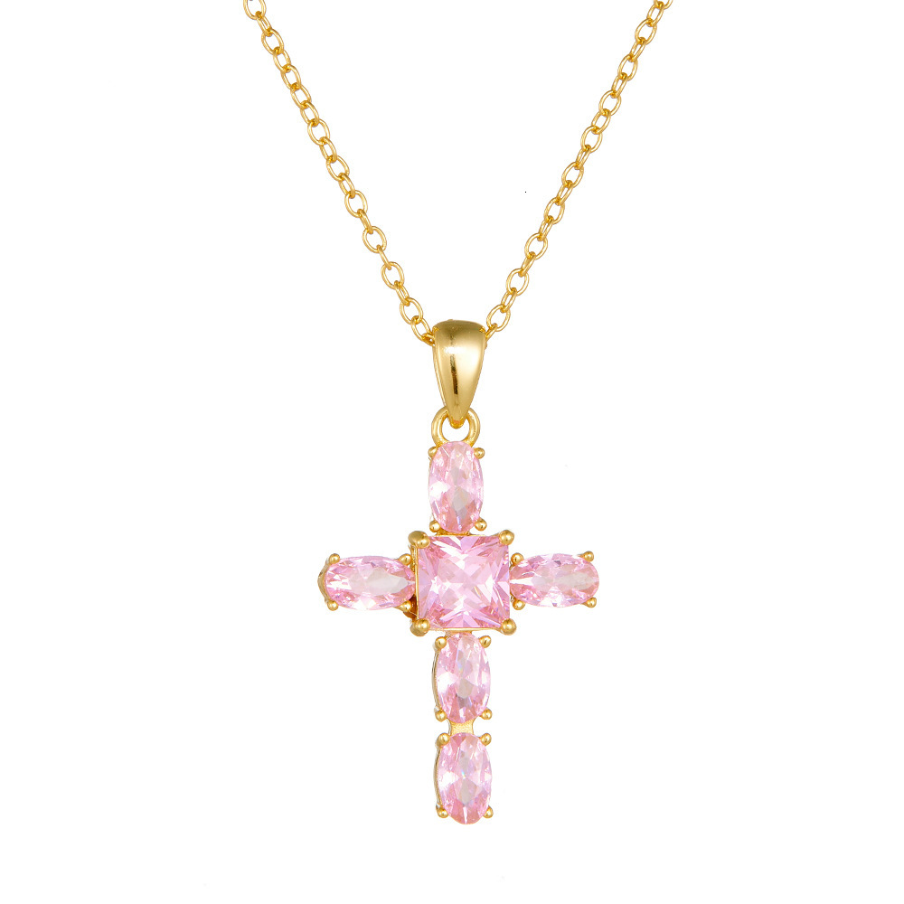 S Pure Sier Pink Zircon Cross Necklace for Women, Unique Design, Elegant and Versatile Collarbone Chain Jewelry for Women
