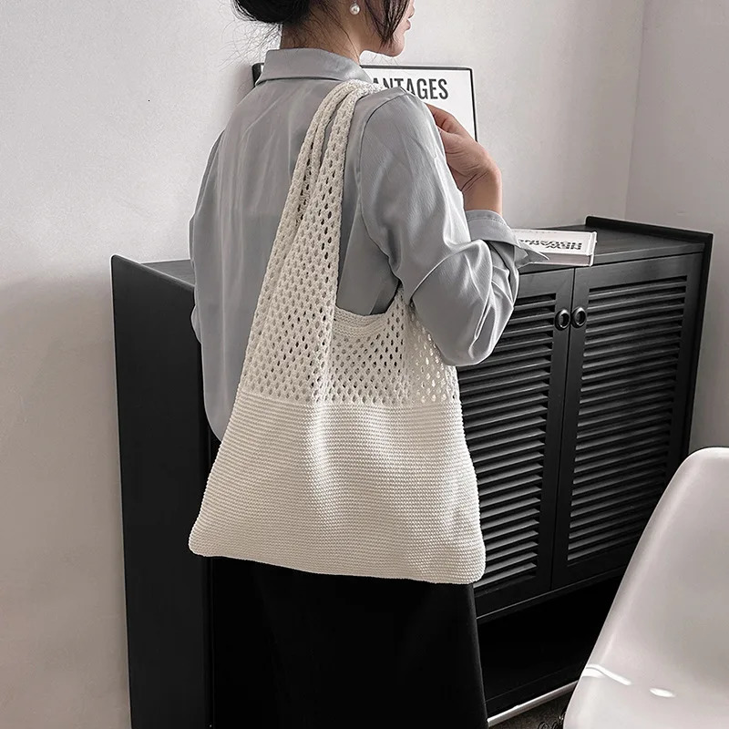 Summer Beach Party Bag Purse Shopper Tote Satchel Female Vintage Hollowed Out Knitted Handbag Womens Shoulder Bag250813