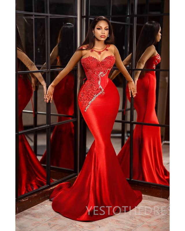 2025 Mermaid Red Prom Dresses For Black Women Aso Ebi Illusion Sheer Neck Long Sleeves Appliqued Lace Beaded Birthday Dress Second Reception Gown AM21