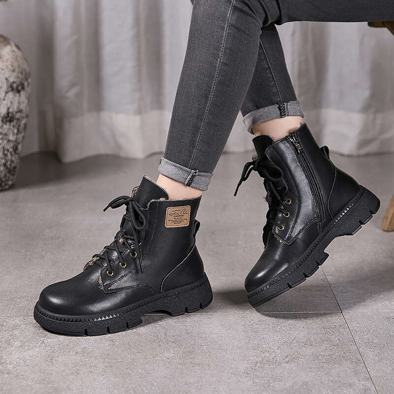 Genuine Leather Women's 2025 Winter New Style Cowhide Surface Cotton 6-Hole Large Size Martin Boots