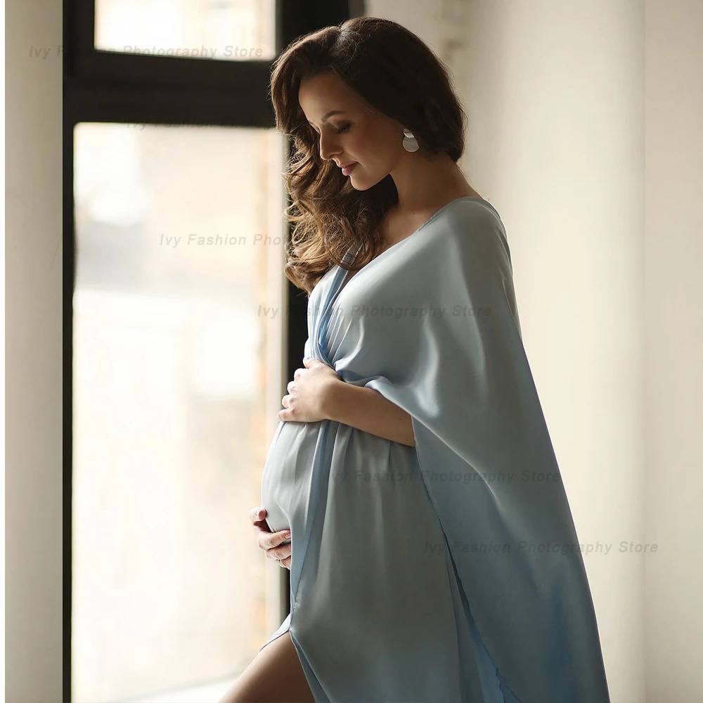 Maternity Dresses For Po Shoot Sky Blue Elegant Satin Long Sleeve Dress Baby Shower Dress Pography Dress For Women 250813
