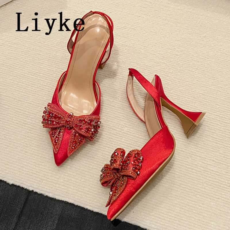 L ik e Spring Summer Fashion Rhinestone Bowknot Women Pumps Sexy Silk Pointed Toe Strange High Heels Party Prom Shoes Gold Silver W250814