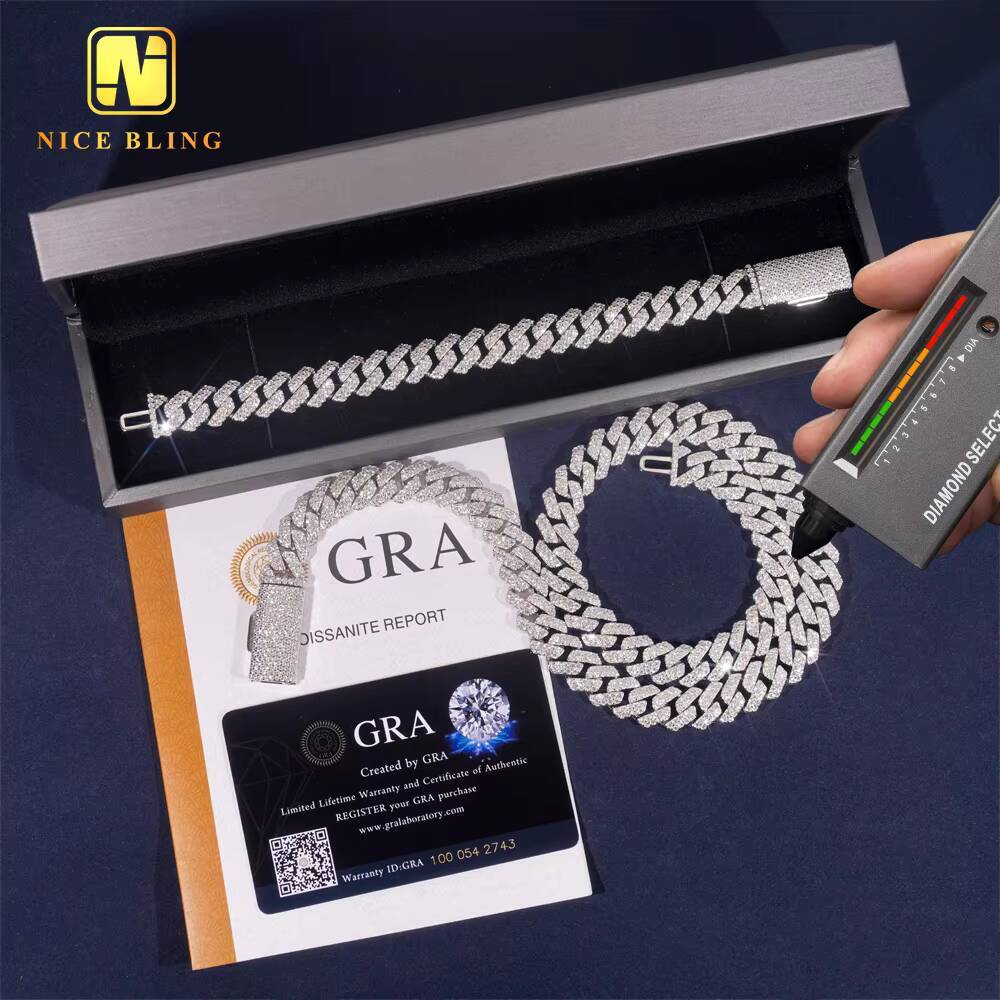 12mm Fashion Hip Hop Rapper VVS Moissanite Diamond Jewelry 925 Sterling Silver Iced Out Cuban Link Chain Necklace Bracelet