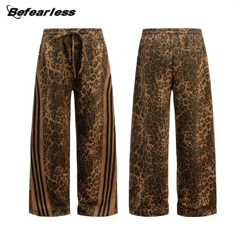 American Style Leopard Print Three Stripes Cargo Unisex Trendy Brand Casual Loose Straight Street Dance Joggers Floor-Length Pants B5