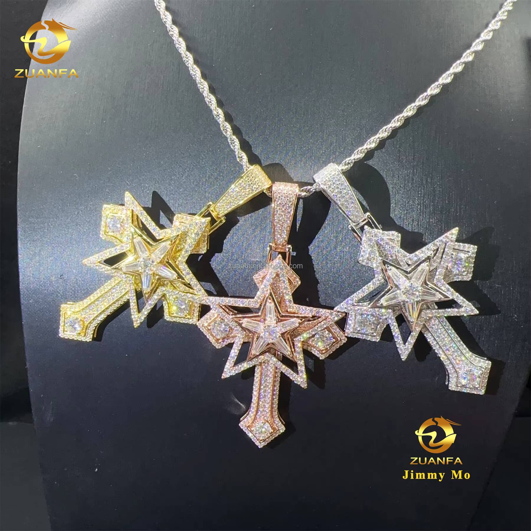 New Arrivals in Stock Iced Out Hip Hop Stylish Rapper Jewelry 925 Silver Vvs1 Moissanite Diamond Star Shape Cross Pendant Men
