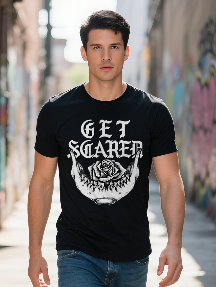 Casual Graphic T-Shirt with Skull Rose Print GET SCARED Lettering Lightweight gsm Regular Fit Round Neck