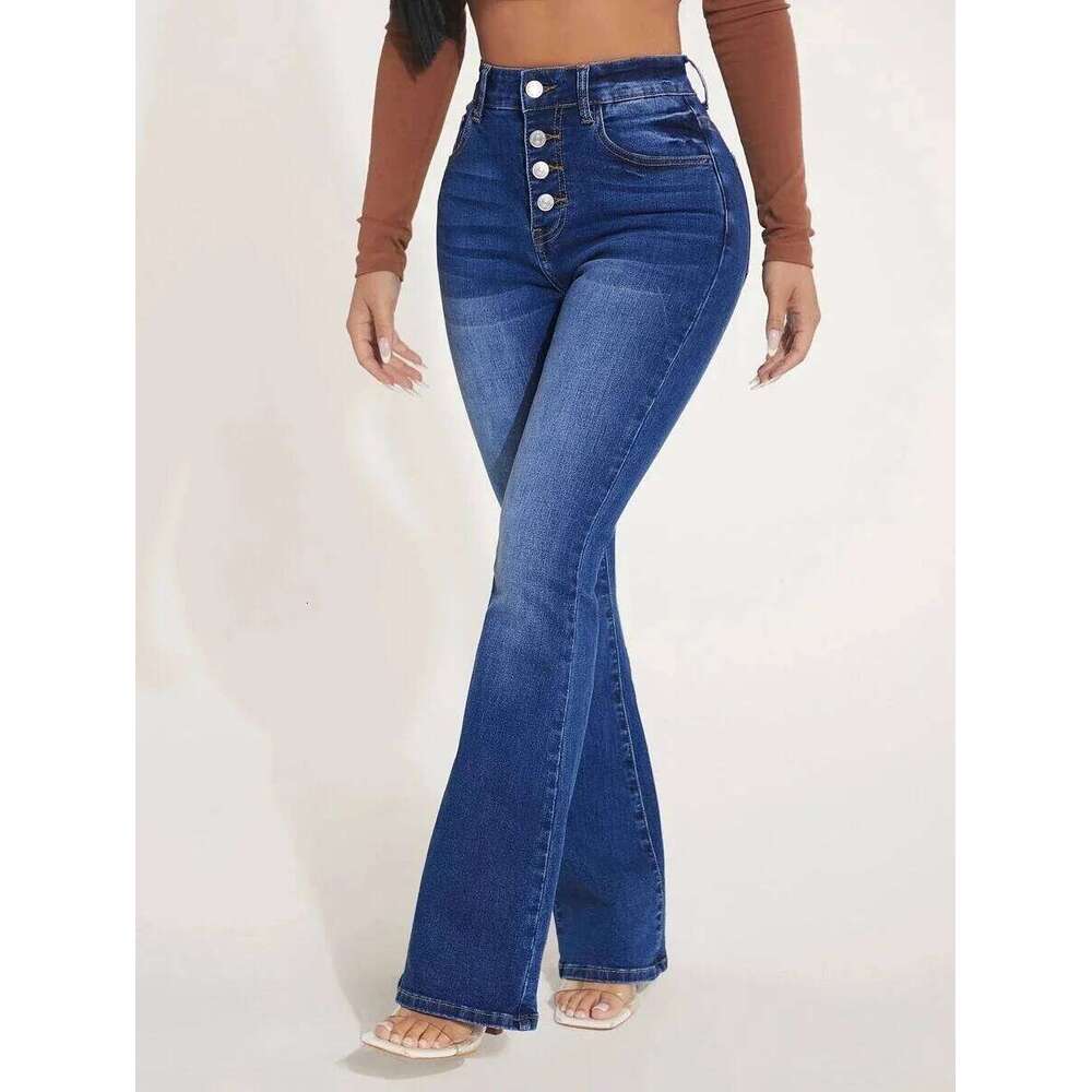 High Street Fashion High-waisted Women Four Seasons New Temperament Slim Micro-flared Jeans Casual Breasted Denim Pants