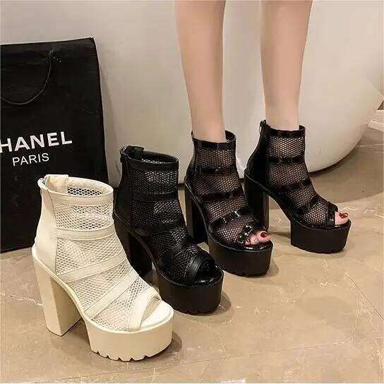Peep Parker Gothic High Heel Sandals for Women, Zipper Rinse Boots, Breathable Mesh, Waterproof Platform Boot, Summer, Black,