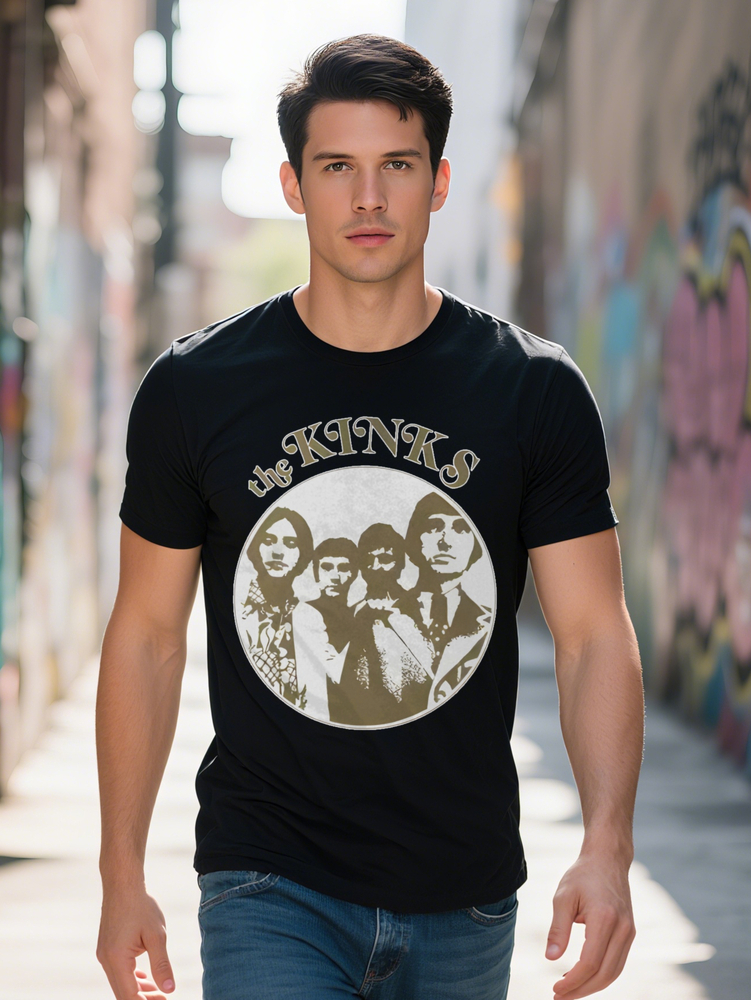 Men S Round Neck T-Shirt with The KINKS Silhouette Print Stylish Black Featuring Four Male Characters Perfect Gift