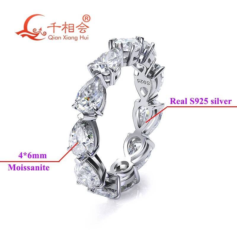 0.5ct Pear White Moissanite Full Eternity Ring Band 4x6mm 925 Silver Unisex Jewelry for Dating Party Wedding Anniversary Gift