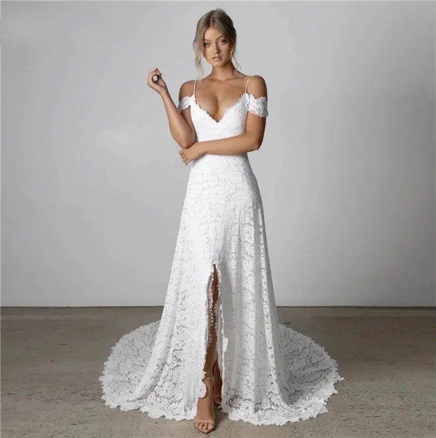 Boho Wedding Dress for Women Bride Slit Off the Shoulder Backless Lace Summer Beach Bridal Gowns Vestidos De Noiva Robes de Mariee