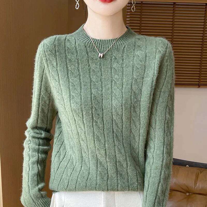 Women 100% Merino Wool Thickening Sweater O-Neck Knitted Twisted Pullover Autumn Winter Cashmere Long Sleeve Clothing Base Tops 20250809