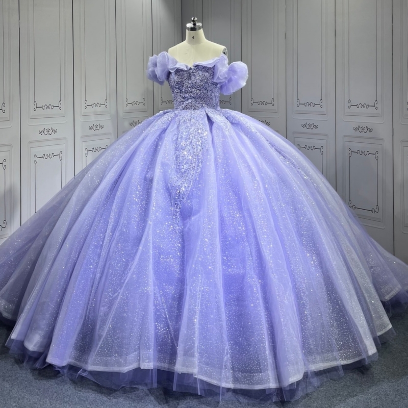 Blue Shiny Quinceanera Dresses Off The Shoulder Sequin Applique Beading Tull Party Birthday Ball Gown Vestidos De 15 Anos Sweet 16 Dress
