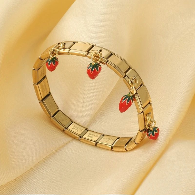 Y2K Golden Cherry Pendant Stainless Steel Elastic Italian Links Charm Bracelet 9mm Width Simple Bangle Women DIY Jewelry 250813