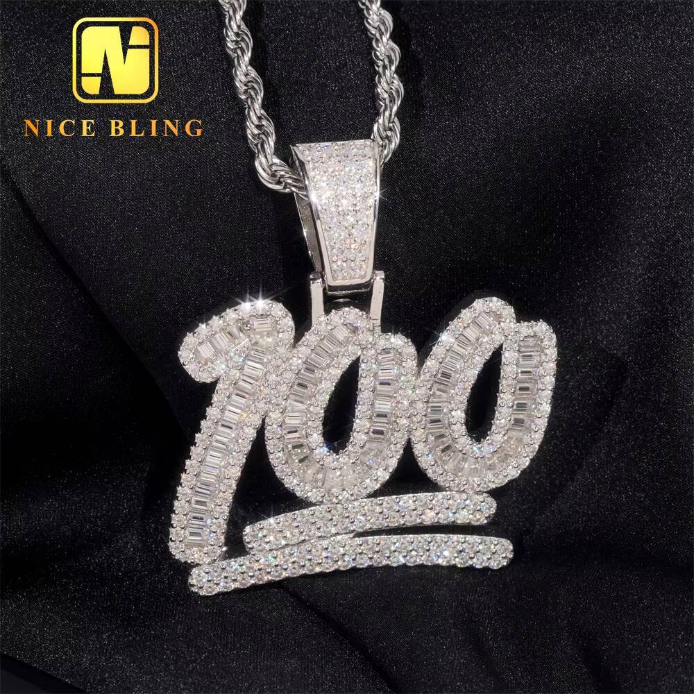 Custom Iced Out Number 100 Hip Hop Moissanite Jewelry Pendant VVS Moissanite 925 Sterling Silver Hip Hop Pendant
