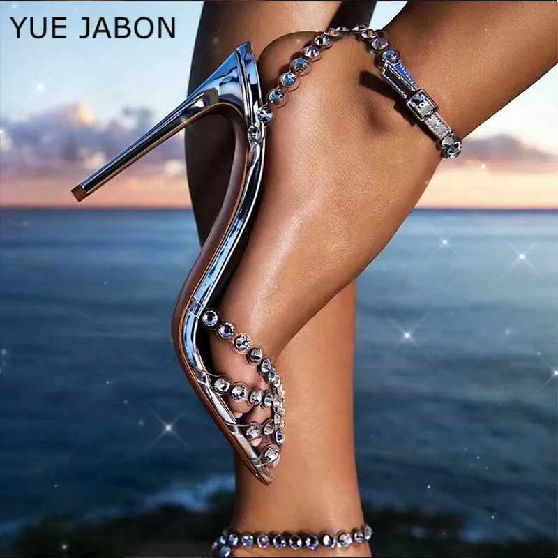 Luxury Rhinestone Silver Women Sandals Sexy Narrow Band Ankle-Wrap Thin High Heels for Women Summer Elegant Banquet Dress Shoes W250814