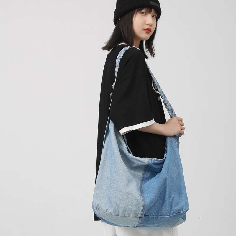 New Korean Version Ins Color Block Denim Crossbody Bag for Women, Lazy Style Large Capacity Shoulder Bag, Bags Designer Women Artistic Student Backpac