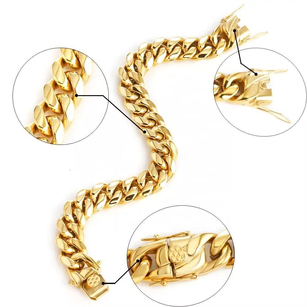 Wholesale Fashion Mens Hip Hop Jewelry 18k Gold Pvd Plated 316l Titanium Stainless Steel Miami Cuban Link Chain Bracelets Women